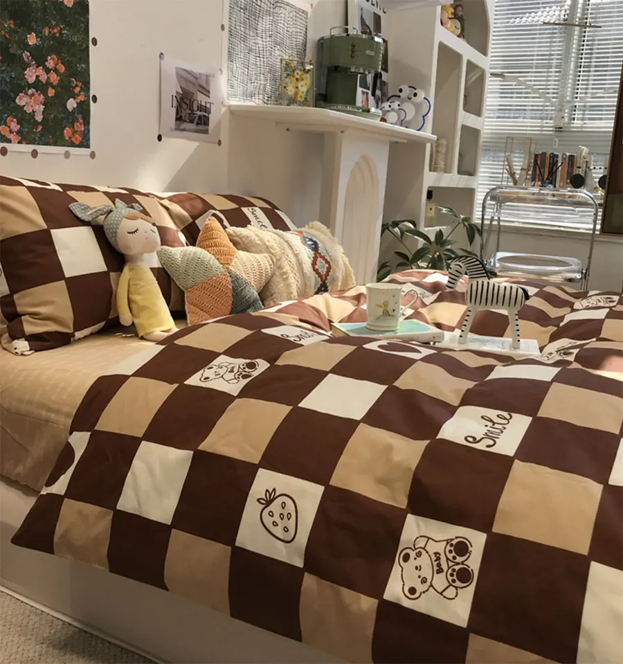 

Cute bear strawberry plaid bedding set teen,single double cotton twin full queen home textile flat sheet pillow case duvet cover