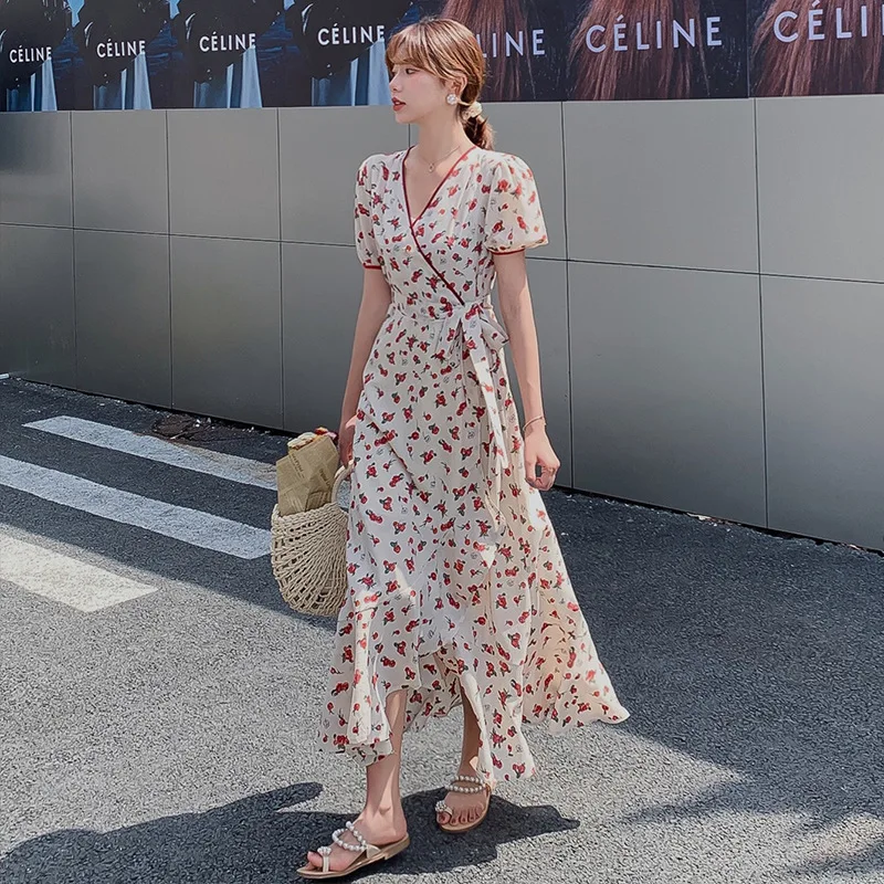 

French Retro Elegant Fairy Dress Women Summer Short Sleeve Chiffon Floral Dress Cottagecore Sweet Cute Streetwear Party Wears