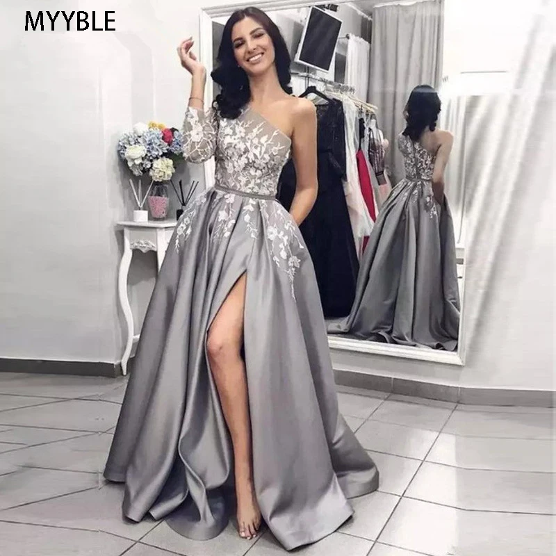 MYYBLE Gray Muslim Evening Dresses 2020 A-line One-shoulder Appliques Slit Dubai Saudi Arabic Long Evening Gown Prom Dress