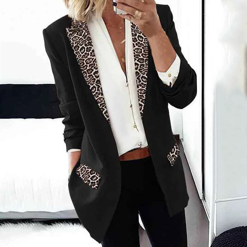 

New Trend Women Lapel Leopard Print Jacket Fashion Autumn Winter Long Sleeves Blazer Coat Lady Office Casual Elegant Jacket