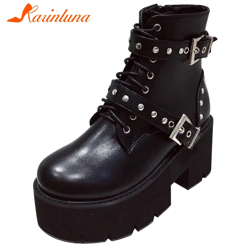 

KARINLUNA Brand New Female Platform Boots Round Toe High Heels With Metal Decoration Boots Women 2020 Buckle Shoes Woman