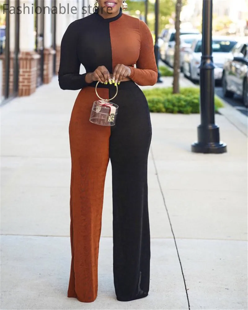 

Colorblock O-Neck Long Sleeve Top And High Waist Wide Leg Pants Set