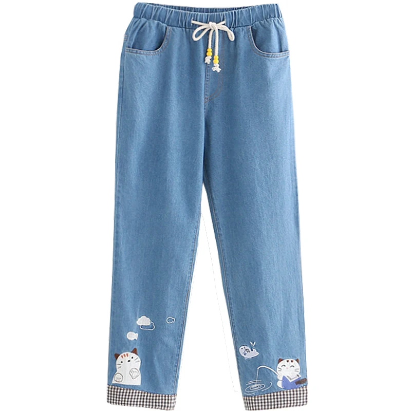 Осенние милые синие джинсовые штаны для девочек-подростков повседневные брюки в