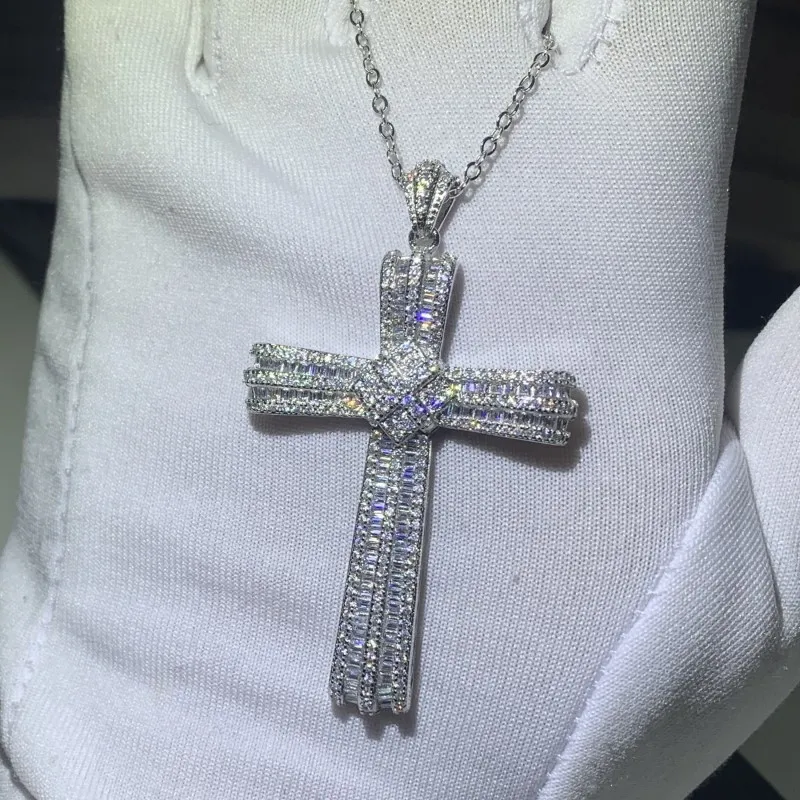 

2020 New Arrival Top Selling Vintage Jewelry 925 Sterling Silver Full White 5A Cubic Zircon Cross Pendant Party Women Necklace