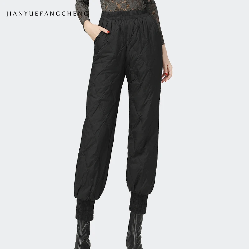 

Женские зимние Пуховые брюки-карандаш, теплые мягкие брюки на белом утином пуху, эластичные повседневные уличные брюки с высокой талией