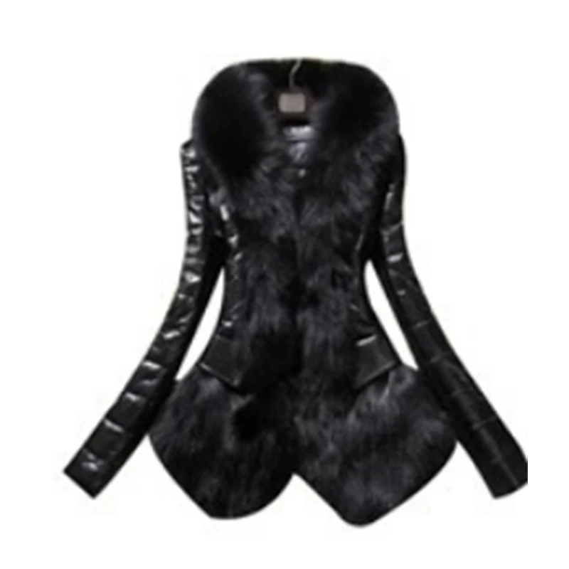 Liva girl PU Leather Faux Fur Women Coat 2019 Casual Plus Size Fluffy Coat Black Faux Fur Collar Jacket Coat