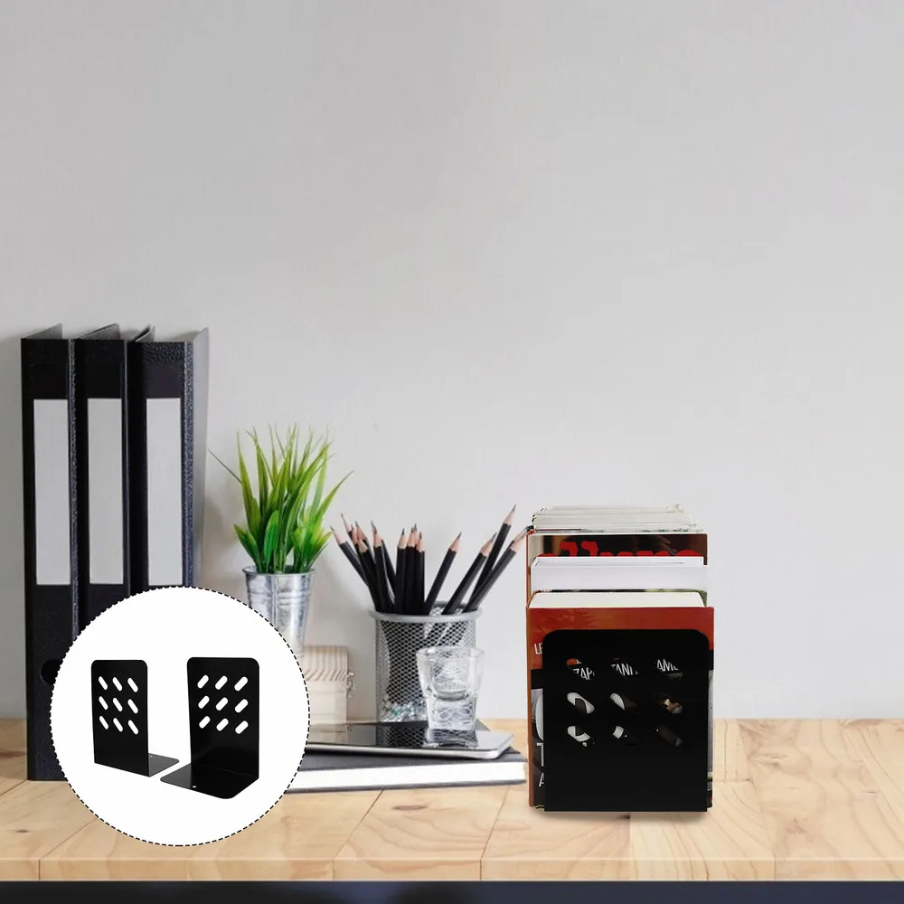 

2pcs Iron Bookends Art Book Racks Desk Organisers Desktop Bookshelfs (Black)