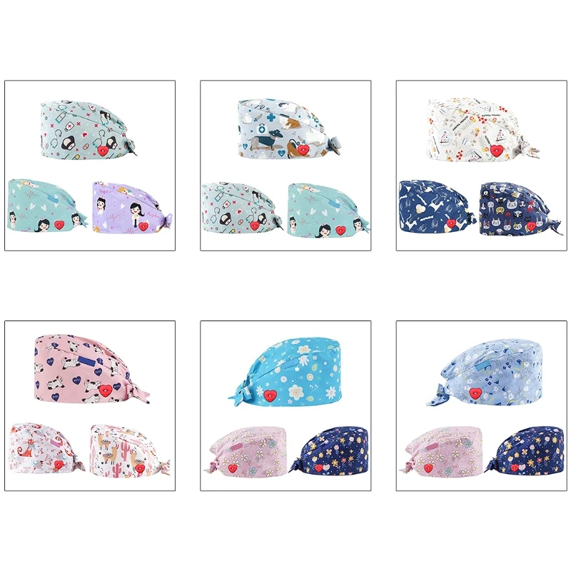 

3Pcs Adjustable Working Cap with Heart Buttons Sweatband Cartoon Bouffant Hat J78E
