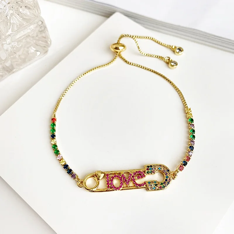 Love color crystal Модный золотой медный инкрустированный Цирконом бисерный булавка с надписью Love браслет для женщин CZ Радужный турецкий голубой глаз браслет для девушек - Окраска металла: Love color crystal