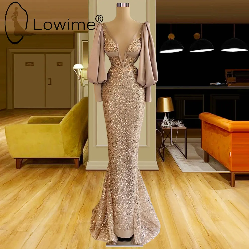 

Brown Muslim Long Sleeves Mermaid Evening Dresses Sexy Deep V Neck Women's Dress Sparkly Sequins Gowns for Women Party