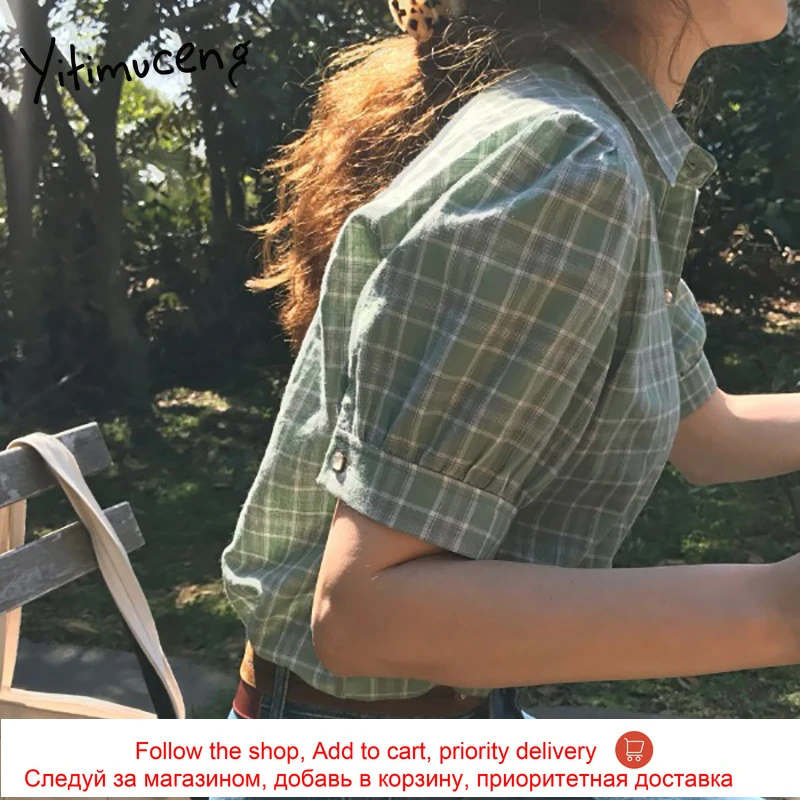 

Yitimuceng Plaid Blouse Women Button Up Straight Shirts Short Sleeve Unicolor Green Clothes 2021 Summer Korean Fashion Tops