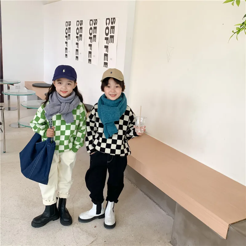 

Зима 2021, новинка, детский клетчатый теплый свитер в шахматную клетку в Корейском стиле, топы для мальчиков и девочек, модные свободные толст...