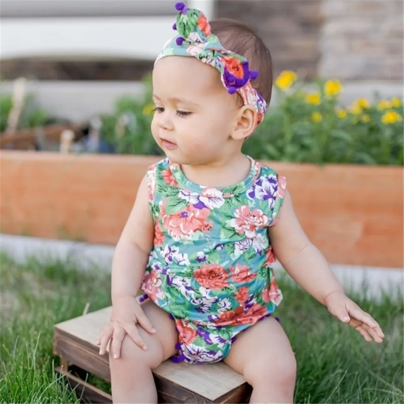 2020 Baby Summer Clothing Infant Newborn Girl Boy Tassel Romper Headband Pineapple Outfit Sleeveless Floral 2pc Jumpsuit | Детская