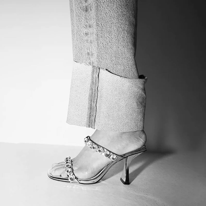 

2021 Square Toe High Heel Sandals Summer New Open Toe Gold Rhinestone Accessories Slippers Stiletto Heel Sandals Woman