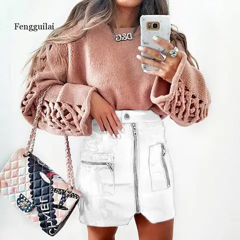 Sexy Club Outfits Women Mini Skirt PU Leather PVC High Waist Zipper Pocket Package Hip Shorts Female Streetwear Party Pink Black