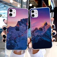 luxury landscape pink snow mountain clear phone case for iphone 11 12 13 pro max 7 8 plus x xs max xr se2 transparent back cover