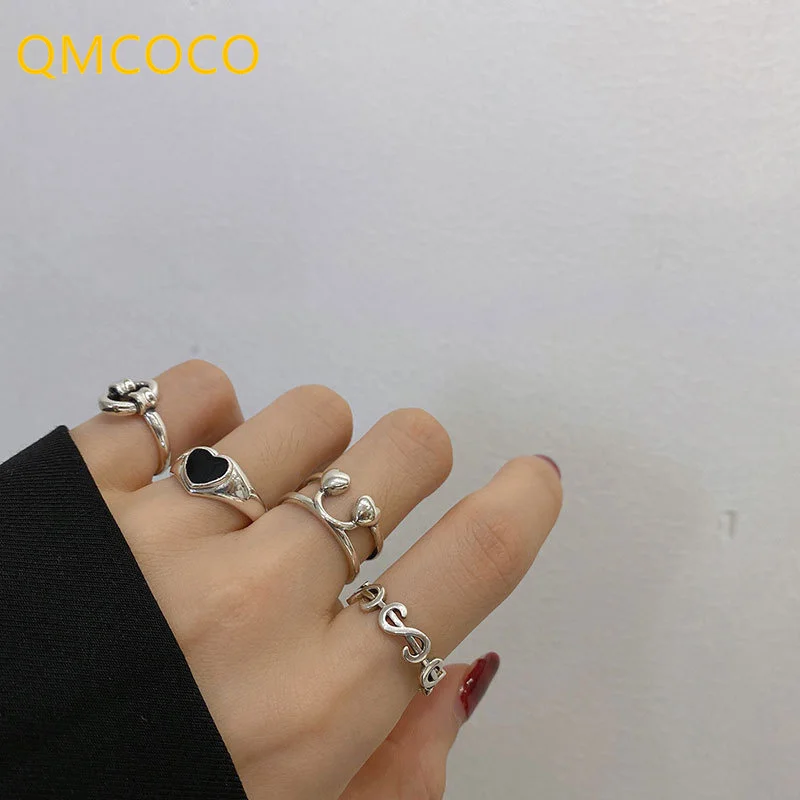 

QMCOCO 925 Silver Korea Style Heart-Shaped Peach Dollar Smile Ring 2021 Hot Index Finger Tail Ring For Woman Fashion Trendy Gift