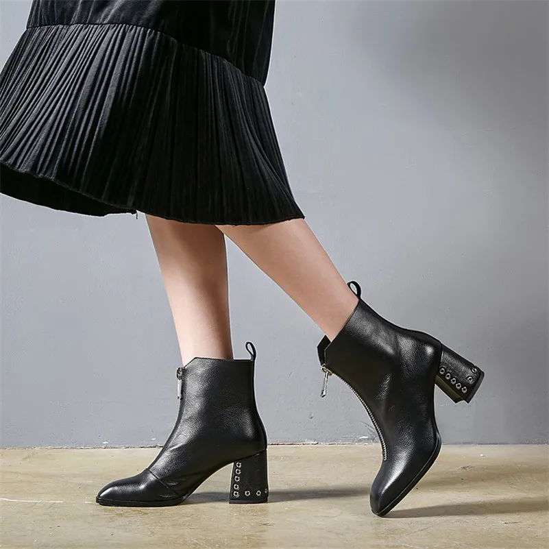 

Meotina Winter Ankle Boots Women Natural Genuine Leather Thick High Heel Short Boots Zipper Square Toe Shoes Lady Autumn Size 39