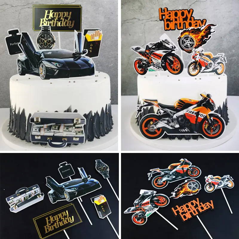 Father's Day Sports car Cake Topper Money Wristwatch DIY Birthday cake Toppers Boys Men Happy Party Dessert Decor Flags | Дом и сад