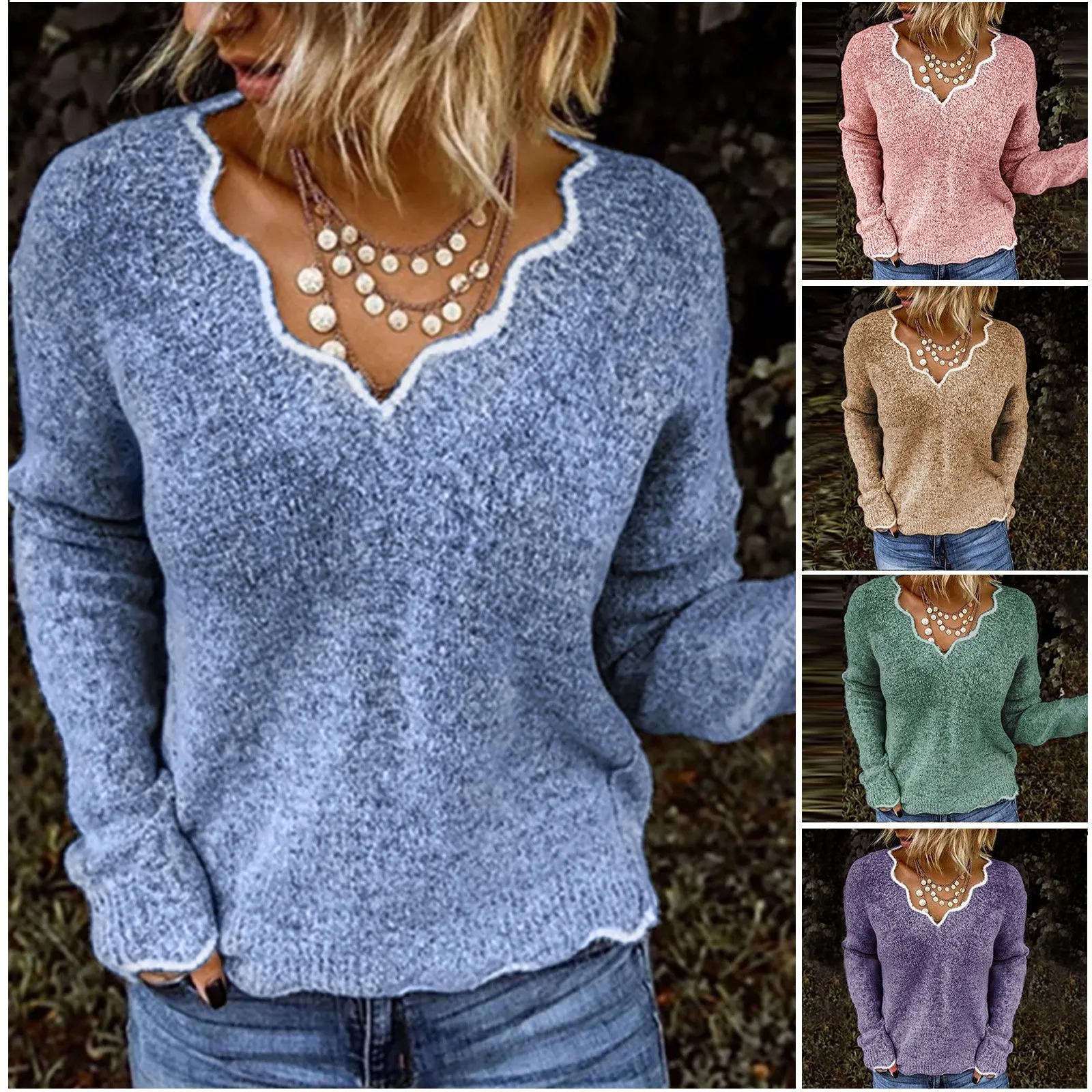

Solid Color Irregular Collar Long Sleeve Slim Fit All-Match Knitted Sweater Loose Casual Solid Color Sweater Basic Tops Autumn