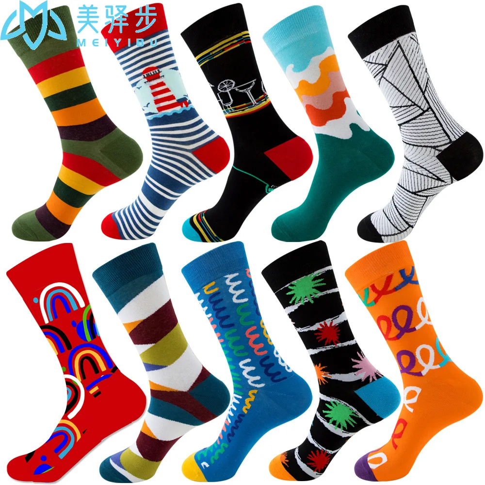 10 Pairs Per Set Striped Funny Socks Fashion Funny Novelty Cartoon Men Women Sock Comfort Happy Colorful Cotton Crew Socks