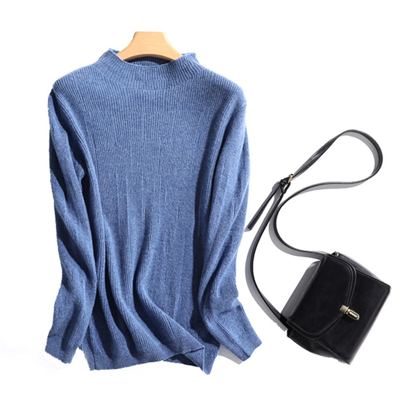 Свитер женский из 100% шерсти мериноса однотонный мягкий с круглым вырезом