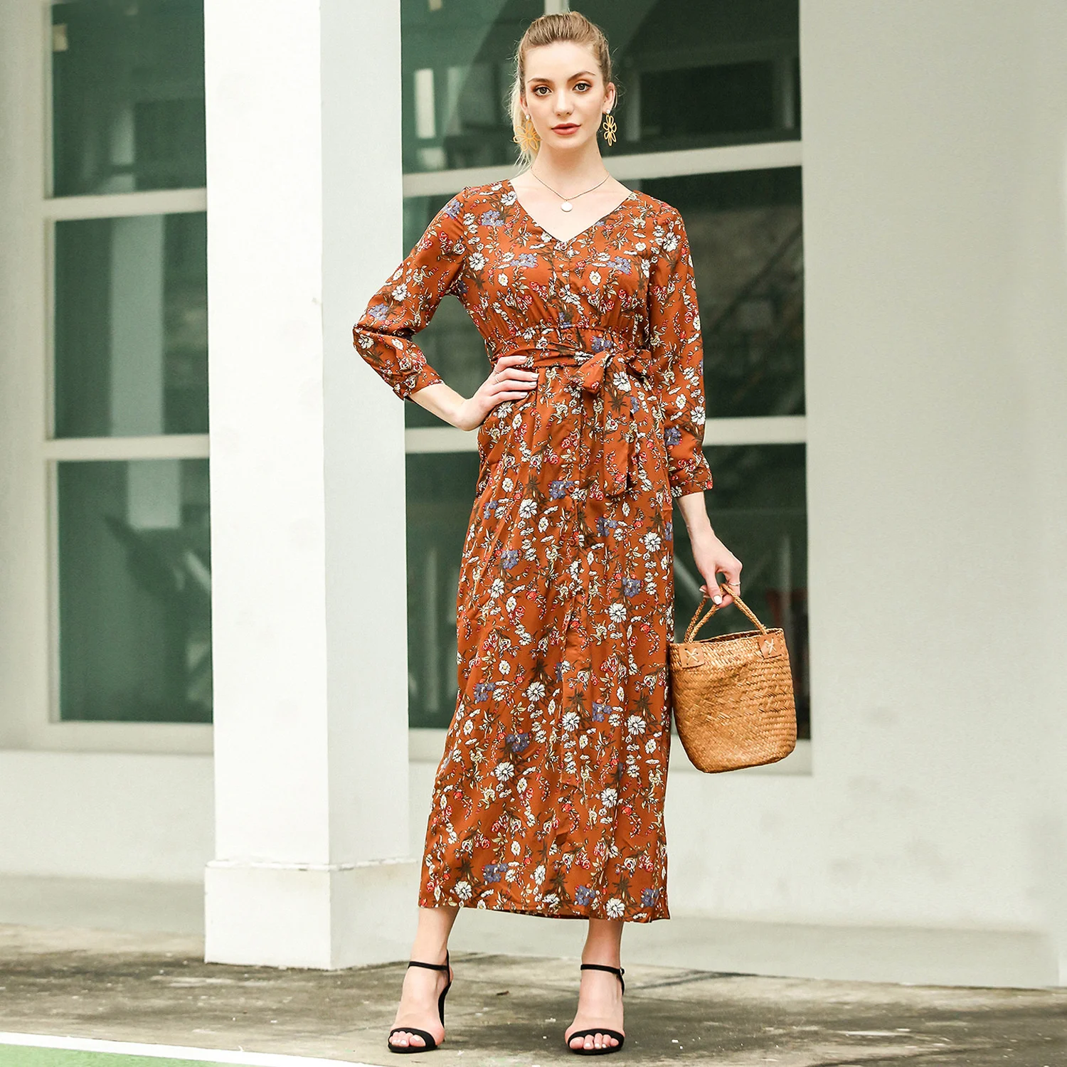 

Floral Casual Ladies Fashion Spring Summer Dress 2021 High Waist Bandage Long Sleeve Print V Neck Women's Dress