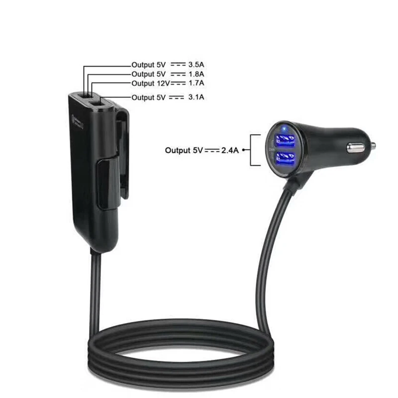 Автомобильное зарядное устройство с 4 usb-портами, быстрая зарядка 3,0, автомобильное зарядное устройство с кабелем 1,7 м для планшета, смартфона для iPhone XR QC 3,0, расширяющийся usb-хаб