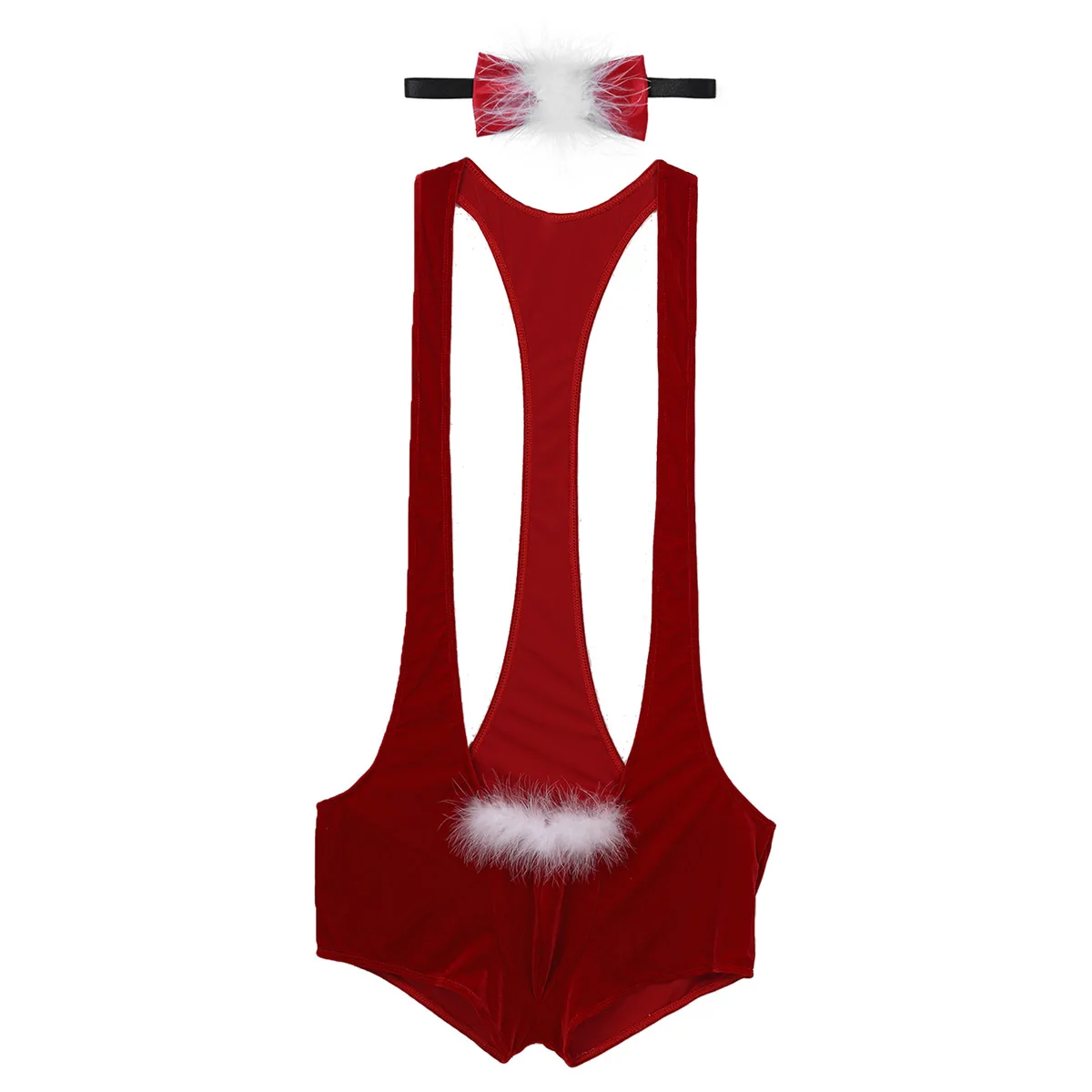 Men Red Soft Velvet Christmas Underwear Santa Cosplay Fancy Costume Singlet Sexy Mankini Boxer with Bowtie Male Xmas Underpants