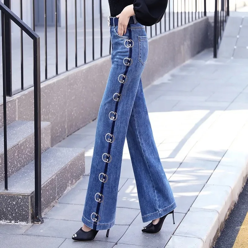Женские джинсы со стразами и широкими штанинами, новинка, прямые зауженные драпированные брюки с завышенной талией, весна-осень 2021