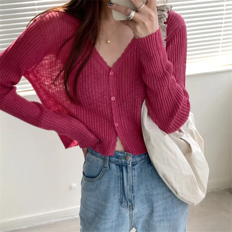 

Summer Full-Sleeved Solid Chic High Waist Hot 2021 New Sunscreen Cardigans All Match Knitted Elegance Thin Coats