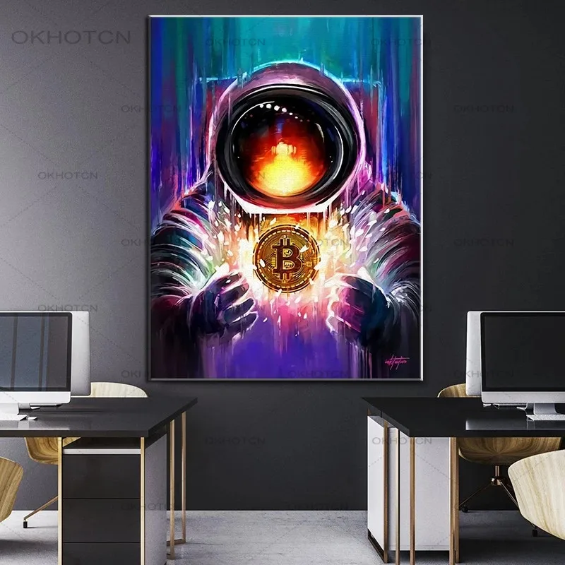 

Bitcoin Spaceman Canvas Painting Nordic Inspirational Wall Art Poster and Prints Abstract Office Picture for Living Room Decor