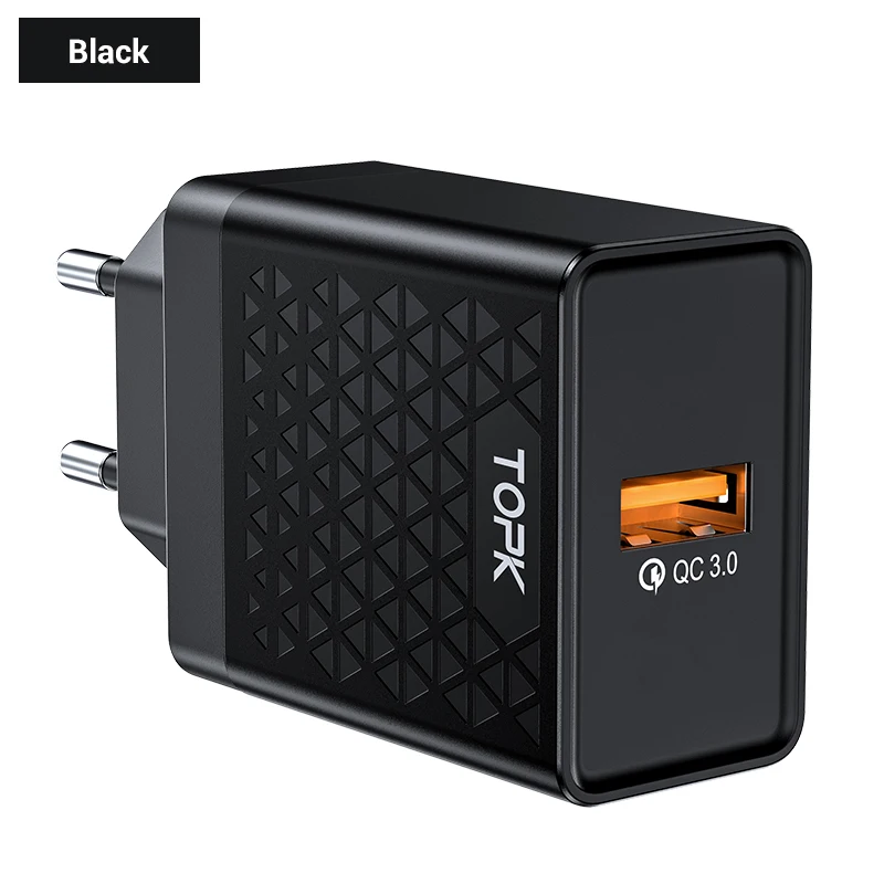 TOPK Quick Charge 3,0, зарядное устройство для мобильного телефона, 18 Вт, быстрое USB зарядное устройство, штепсельная вилка европейского стандарта, настенное USB зарядное устройство, адаптер для iPhone, samsung, Xiaomi, LG - Тип штекера: Black EU Charger