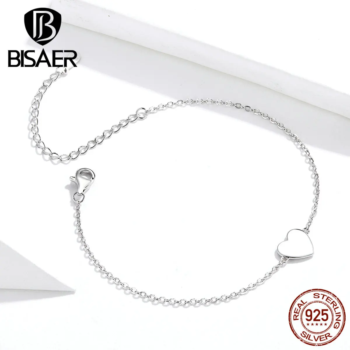 Браслеты с сердечками BISAER Оригинальное 925 пробы Серебряное сердце, для влюбленных Форма цепи Браслеты для Для женщин Стерлинговое Серебряные ювелирные изделия ECB161