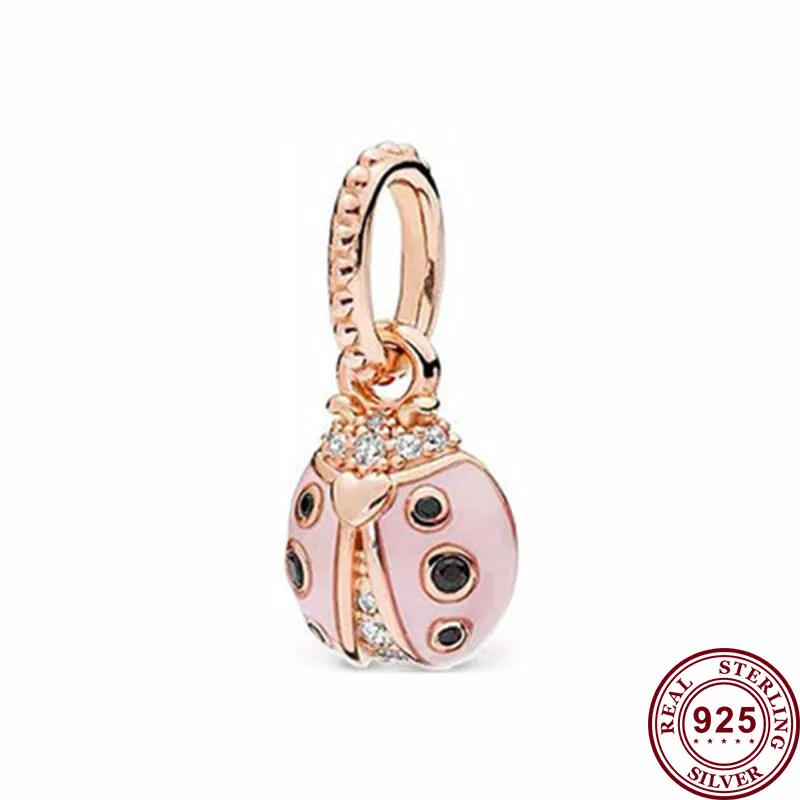 

100% 925 Sterling Silver Charm Lucky Pink Ladybug Pendant Fit Pandora Women Bracelet & Necklace Diy Jewelry