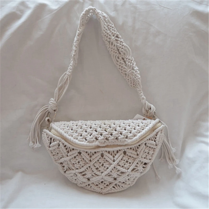 

2 Pcs Bag: 1 Pcs Cotton Woven Outdoor Wallet White & 1 Pcs Wicker Woven Handbag Blue