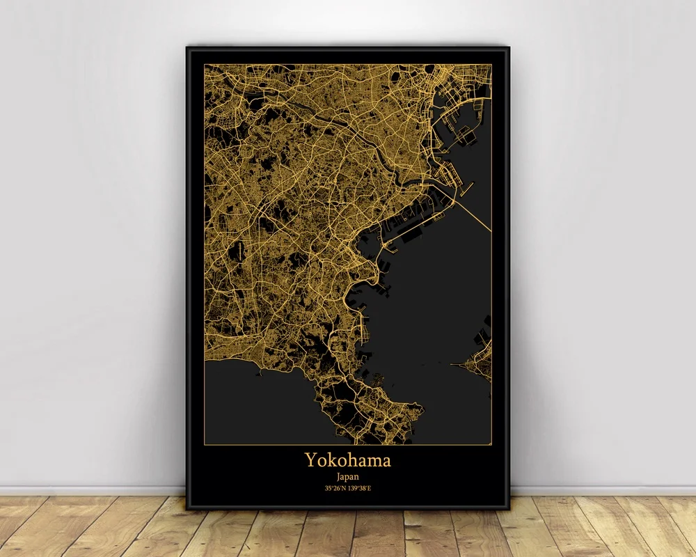 

Yokohama Japan Black&Gold City Light Maps Custom World City Map Posters Canvas Prints Nordic Style Wall Art Home Decor