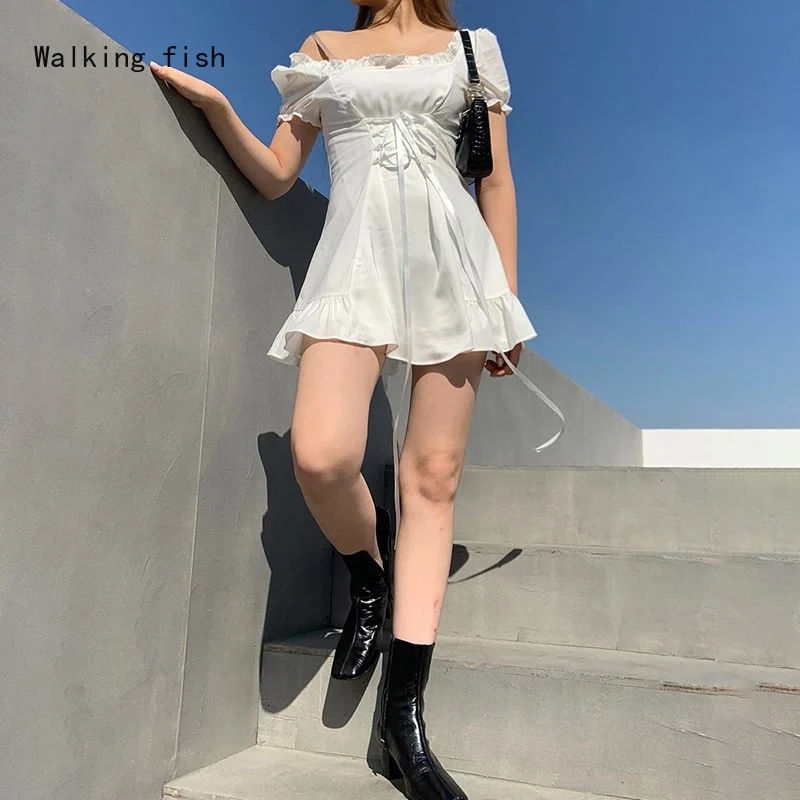 

Модное Элегантное Белое Женское мини-платье с бантом, летнее праздничное милое привлекательное французское романтическое шелковое платье ...