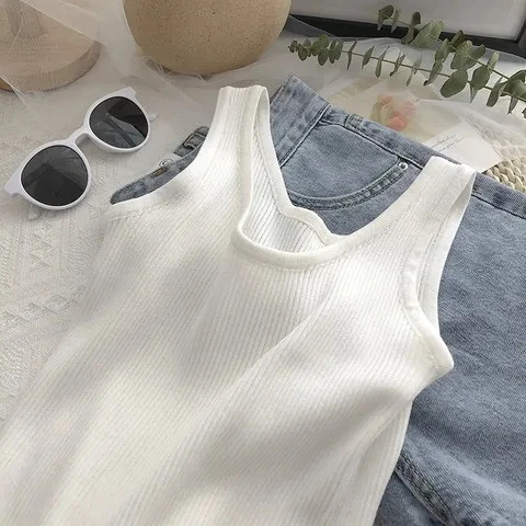 

Sleeveless Short Vest Women's Summer Tight Fitting Outer Solid Color Casual Vests Ladies V-Neck Pullover Tank Tops Waistcoat