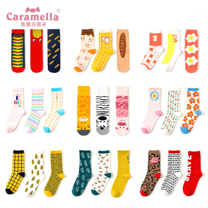 Caramella осень-зима Для женщин хлопковые носки с забавными рисунками из мультфильмов носки для женщин Harajuku носки скейтбордиста 3 пар/лот Прямая