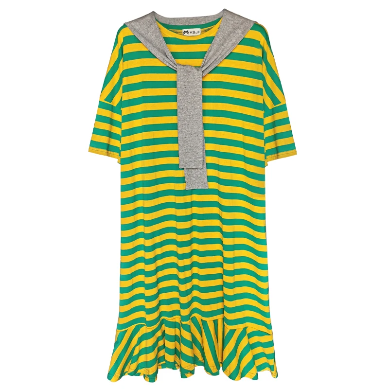 

large size women's fat mm summer loose striped T-shirt dress fake two-piece fishtail skirt long short-sleeved dress tide brand