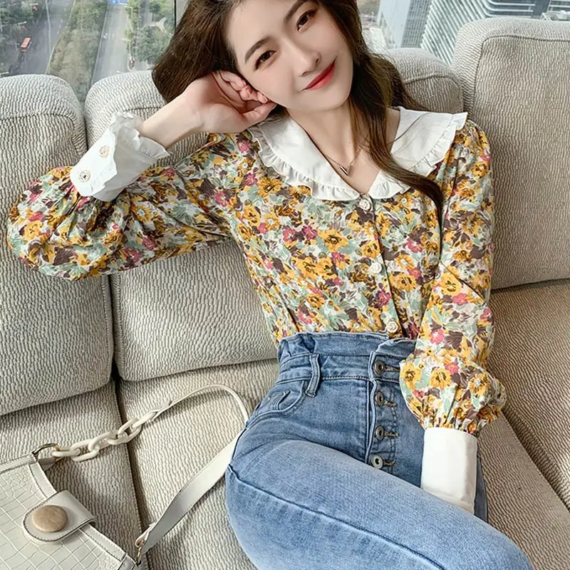 

Korean Loose Elegant Floral Print Peter Pan Collar Sweet Chiffon Shirt Women 2021 Spring Long Sleeve Chiffon Blouse Women Tops