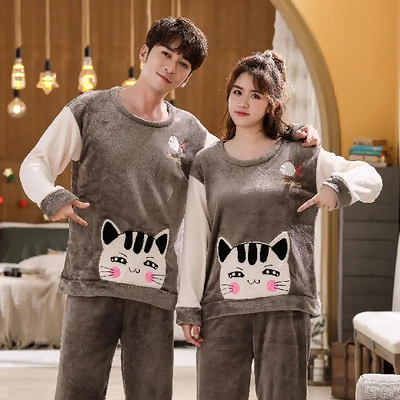

Couple Fashion Cute Thick Winter Warm Casual Couple Flannel Pajamas Suit Male Long-Sleeved Coral Velvet Velvet Pajamas 2/pce Se