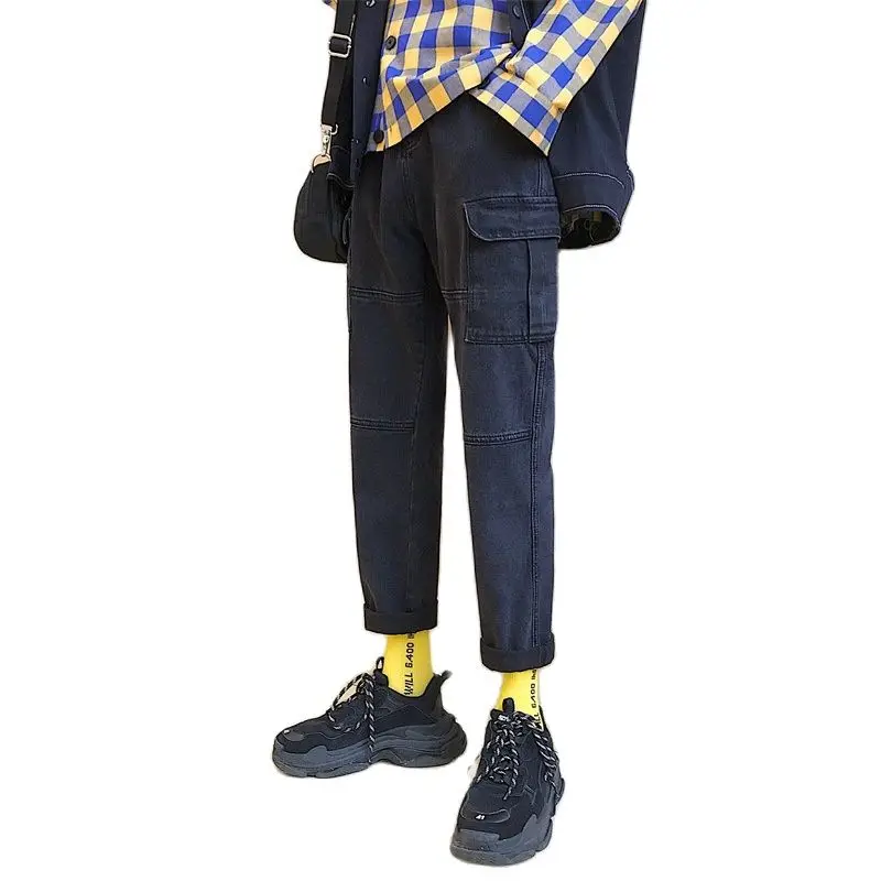 

Hot 2021 Casual Multi Pocket Men's Straight Autumn Winter Harem Pants Korean Fashion Men Hip Hop Cowboy Wide Leg Denim Trousers