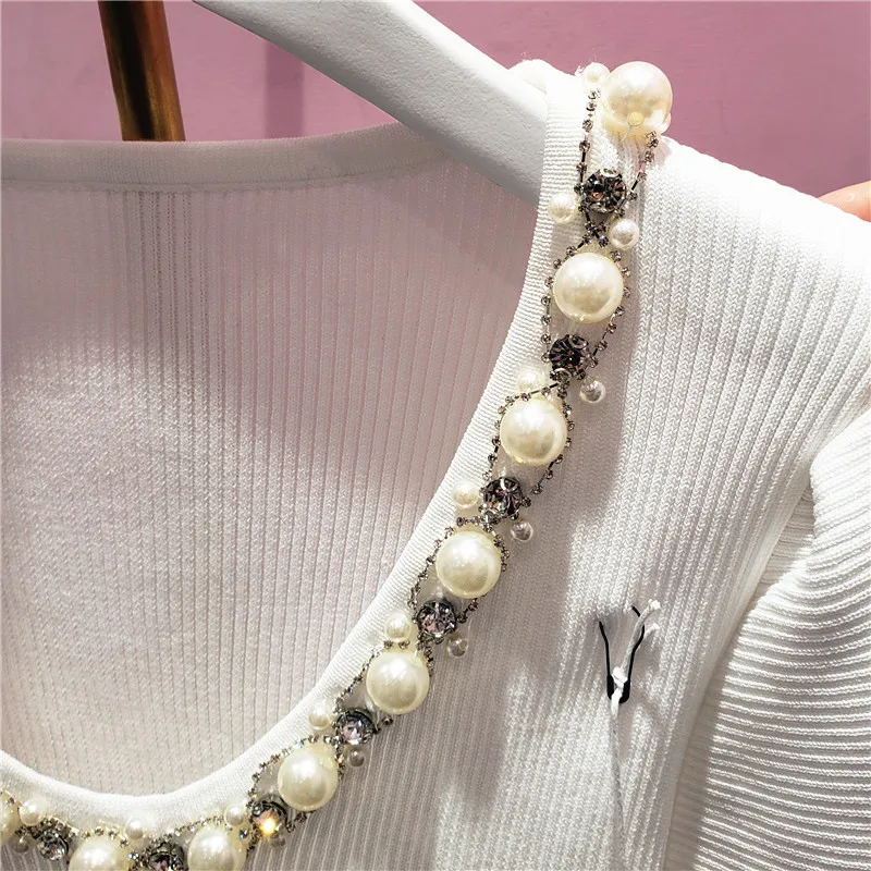 

2021 New Rhinestone Chain Decorative Sweater Top Slim-Fit Stretch V-neck Tees Knitted Short Sleeve T-shirt Women