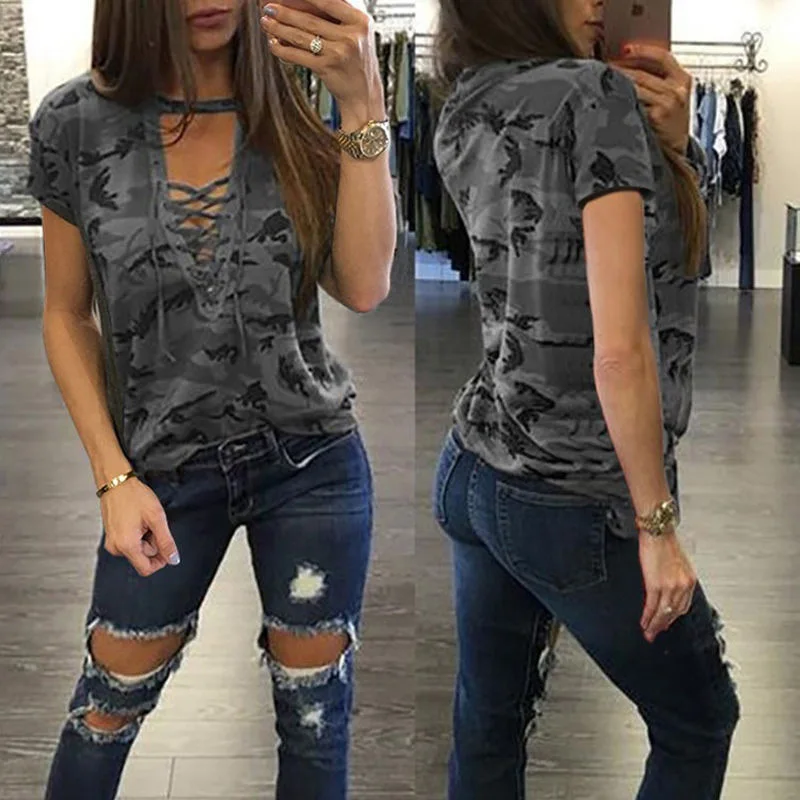 

Blouses Ladies Autumn 2020 Hot Sale Camouflage Sexy Deep V Long Sleeve Chest Strap Tops Women Casual Streetwear Club Wear Blusa
