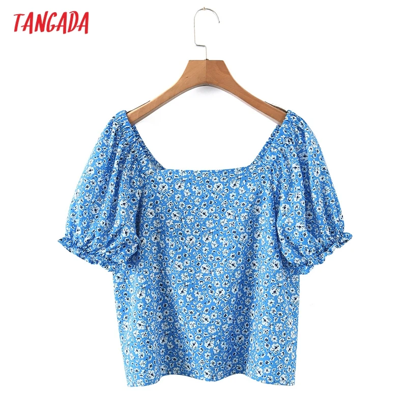 

Tangada Women Retro Blue Flowers Print Shirt Short Sleeve 2021 Summer Chic Female Shirt Tops RB22