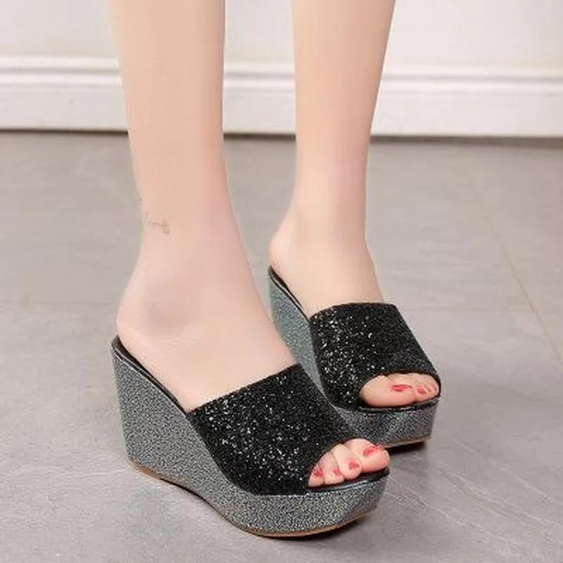 

Women Slippers Sandal Heels Wedges Platform Leather Peep toe Crystal Elegant Female Sandals Ladies Mules clogs Summer Shoes