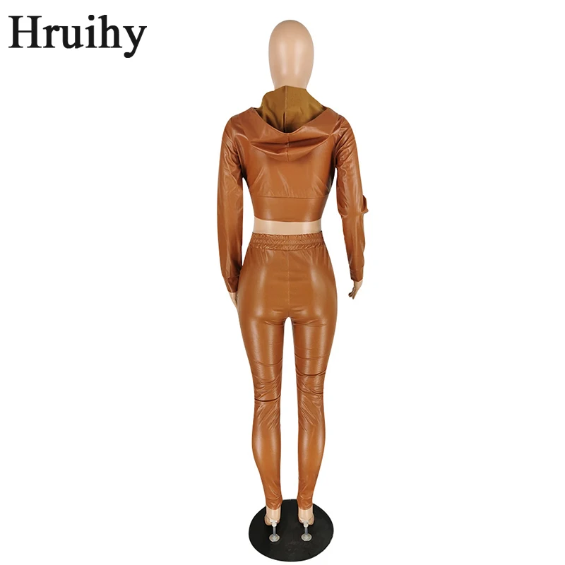 

Winter Clothes Women Hooded Tops&woman Pants Solid Color Pu Leather Fashion Two Piece Set Women Casual Elegant Daily Plus Size