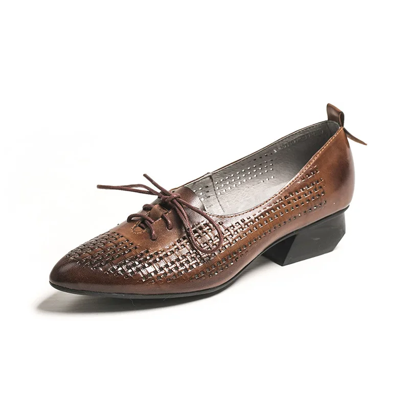 

Genuine Leather Women Shoes Fashion Thick Heel Pumps 2020 Spring Retro Handmade Ladies Shoes Pointed Toe Lacing